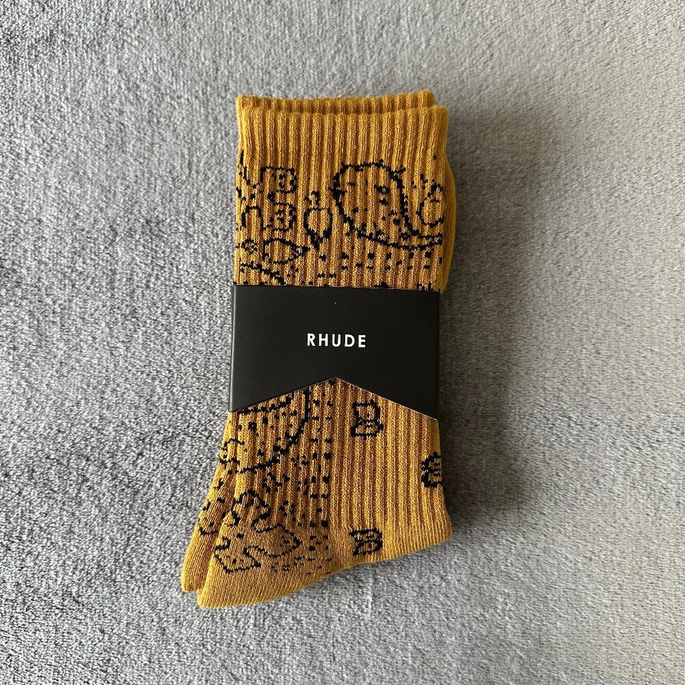 RHUDE Gold + Black Ribbed jacquard poly sock Bandana all over motif pattern